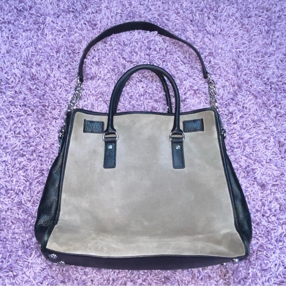 AUTH Michael Kors Large Hamilton Center Stripe Colorblock Suede Satchel Purse - Picture 8 of 13